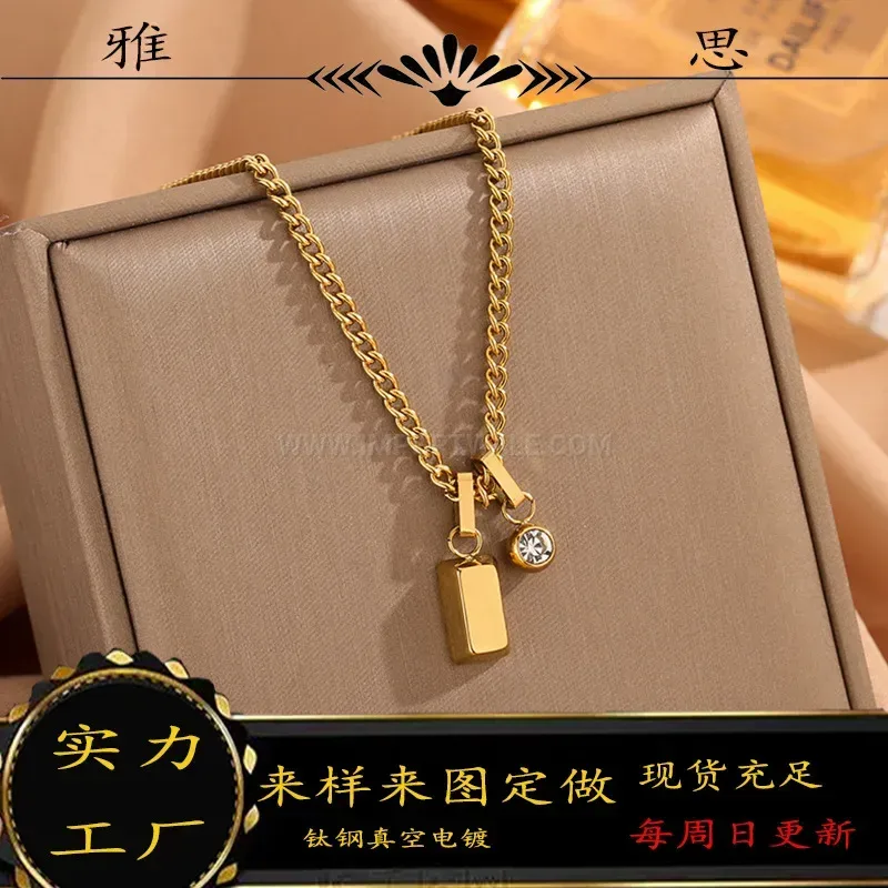 Elegant Titanium Steel Gold Bar Cubic Zirconia Pendant Necklace