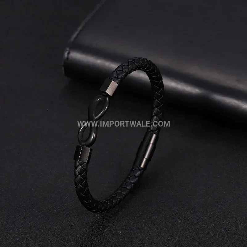Infinity Motif Black Leather Cord Stainless Steel Bracelet for Men