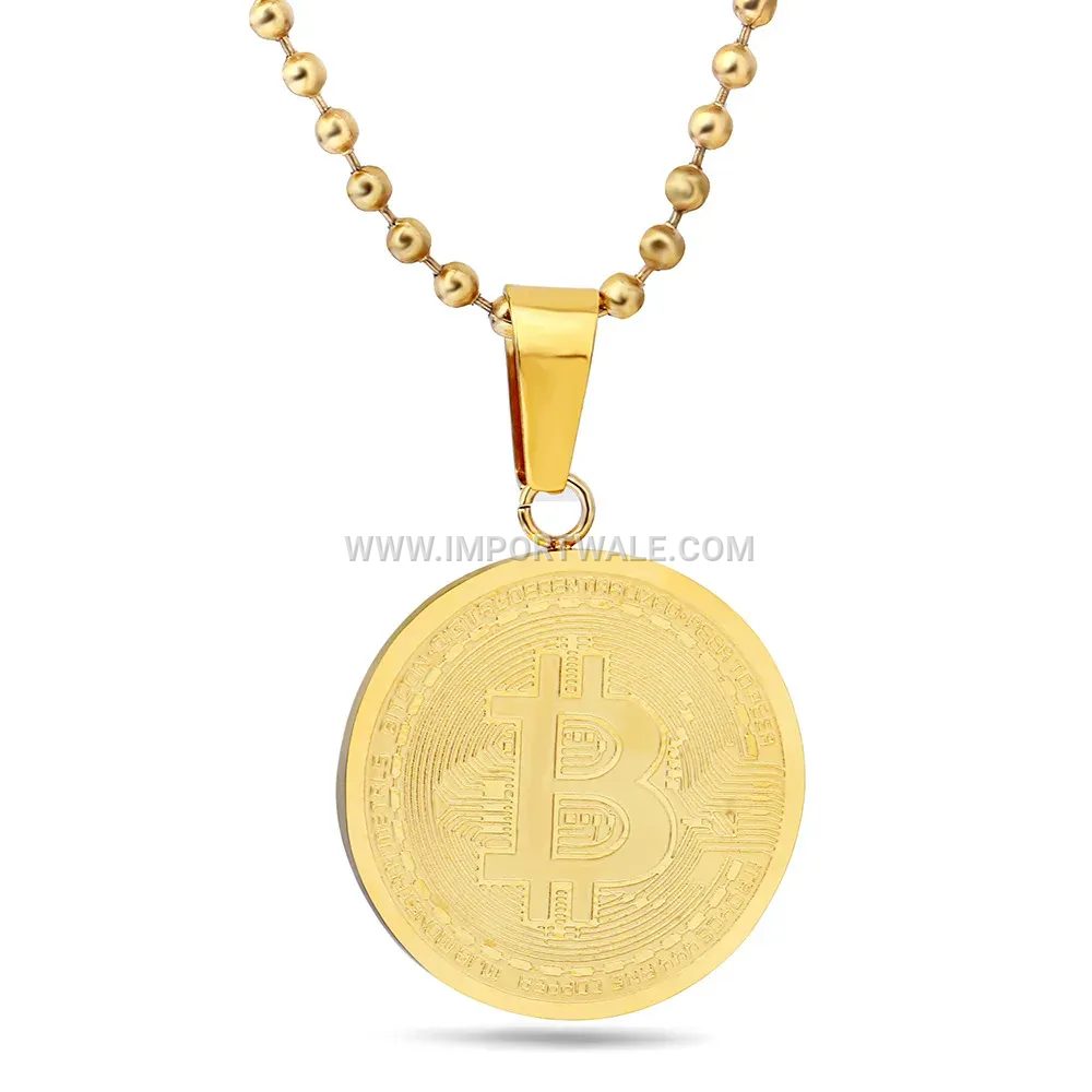 Stainless Steel Bitcoin Coin Medallion Pendant Necklace for Men