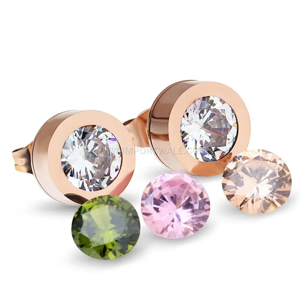 Stainless Steel Detachable Round Stud Earrings with Cubic Zirconia