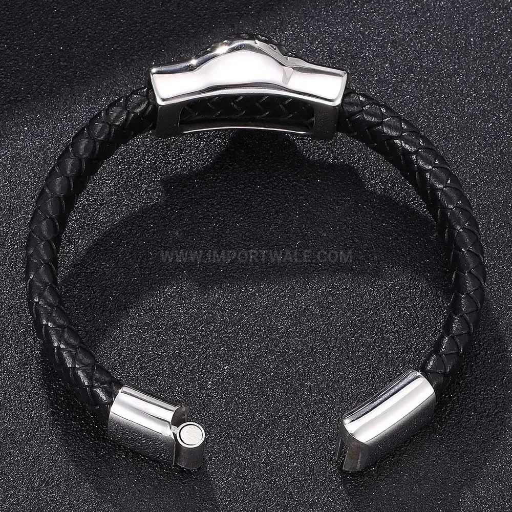 Eagle Head Woven Leather Stainless Steel Bangle Bracelet