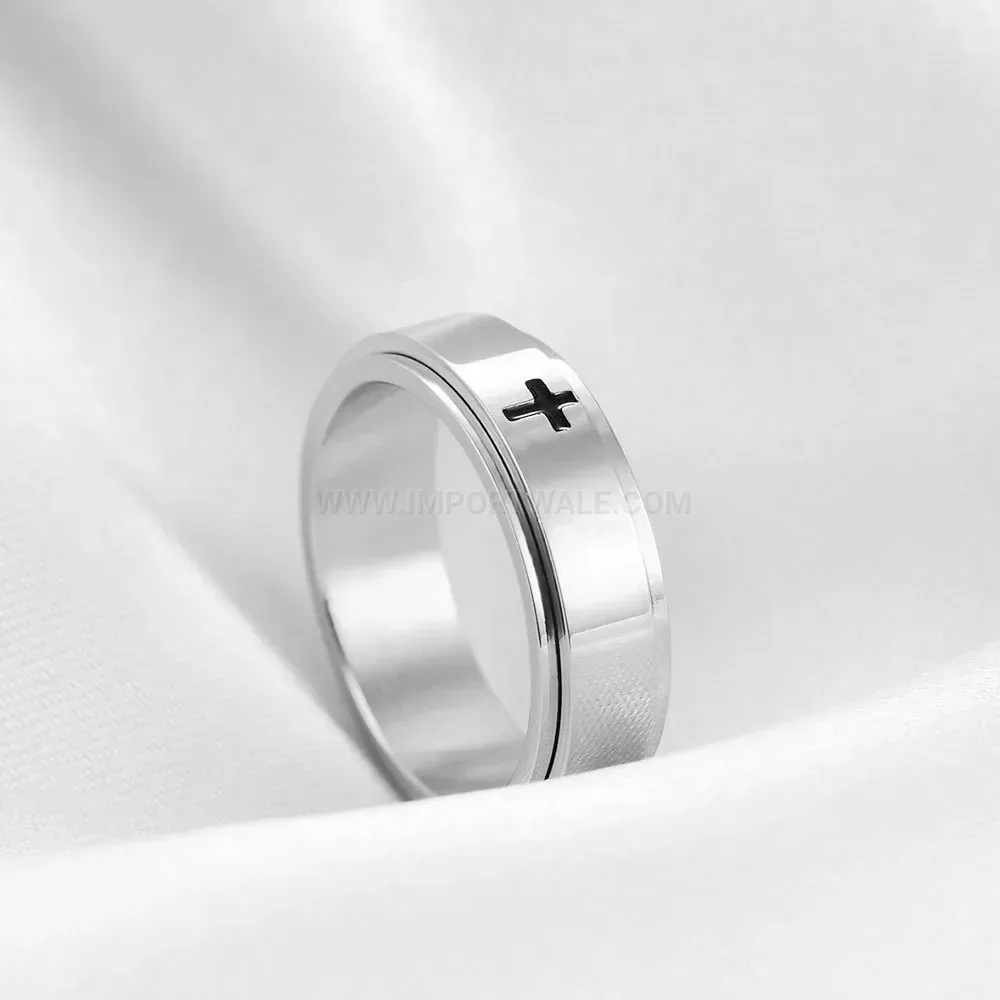Polished Cross Engraved Stainless Steel Spinner Band Ring