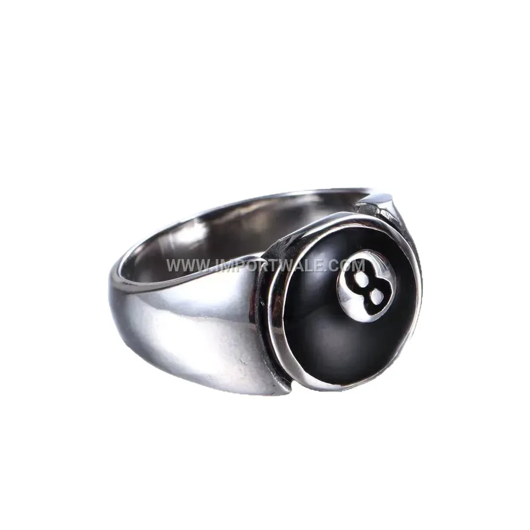 Vintage Stainless Steel Black Epoxy Eight Ball Ring for Men