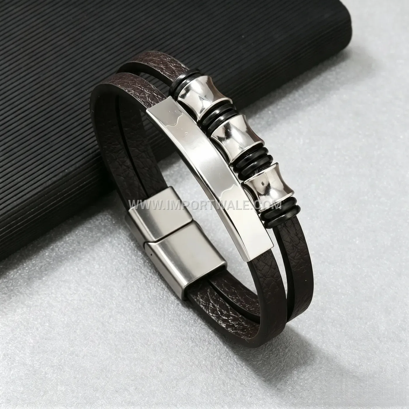 Double Layer Leather Bracelet with Steel Ring Accent