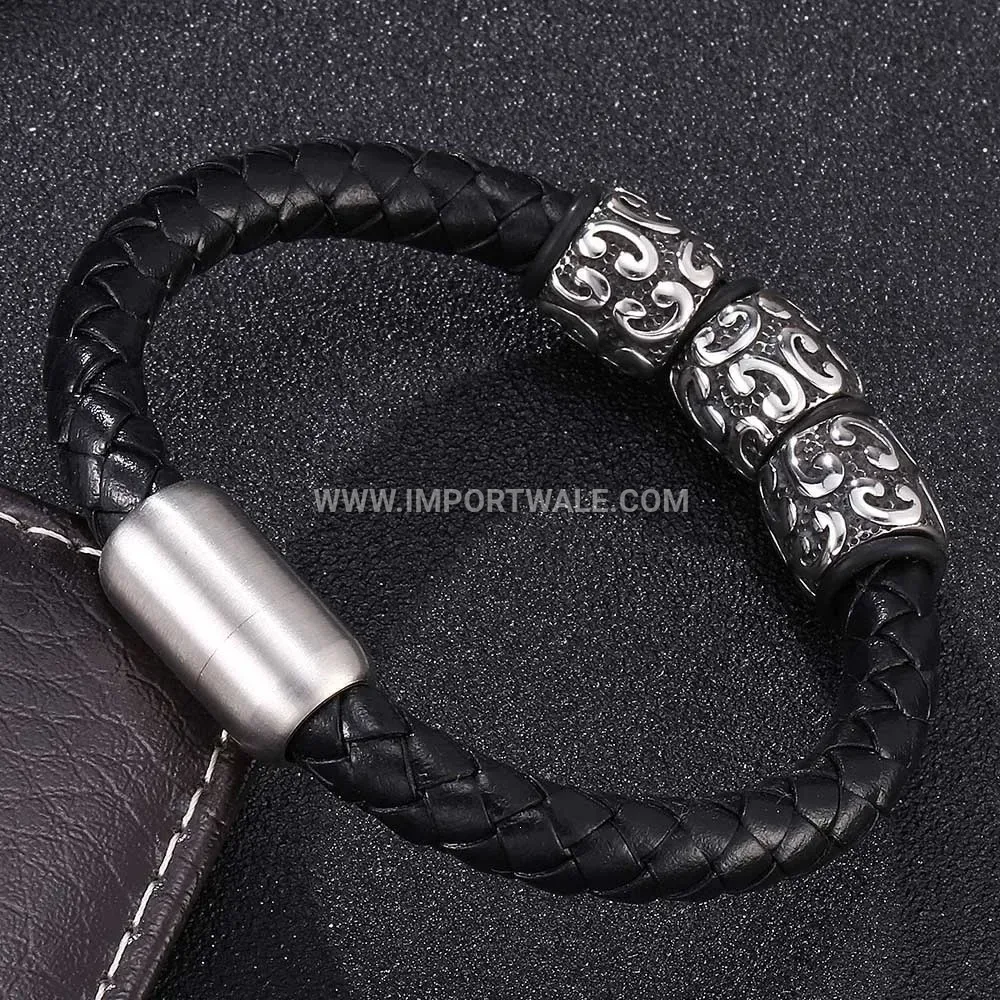 Vintage Engraved Stainless Steel Magnetic Leather Cuff Bracelet