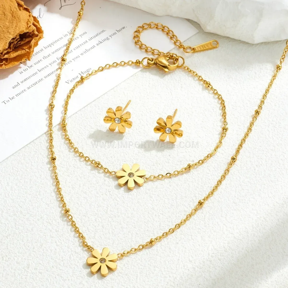 Modern Gold Daisy Stainless Steel Necklace Earring Bracelet Set
