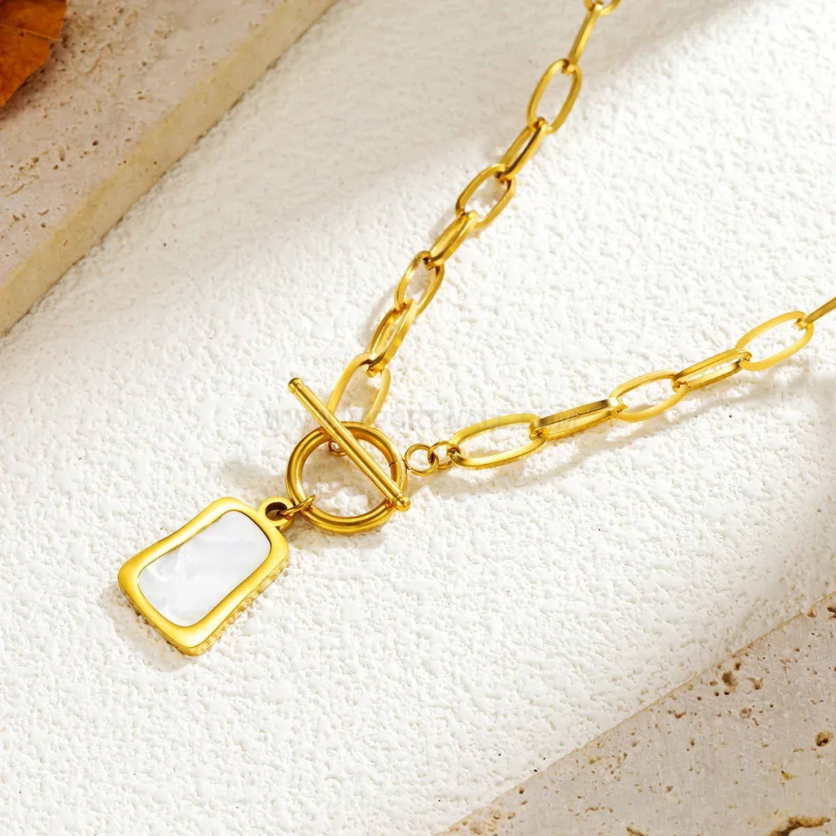 Modern White Shell Square Tag Zircon Pendant Titanium Steel Necklace