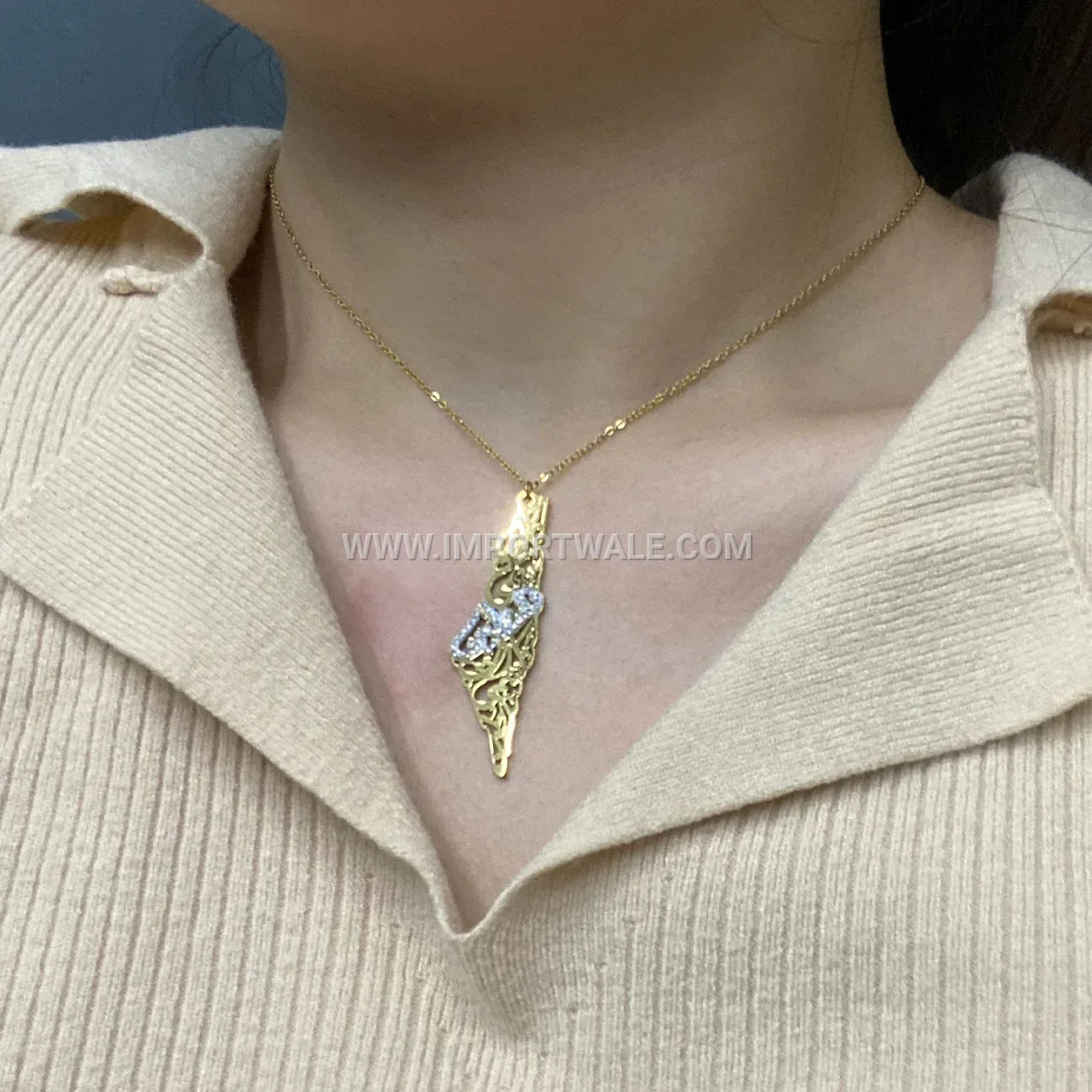 Zircon Palestine Map Arabic Calligraphy Stainless Steel Necklace