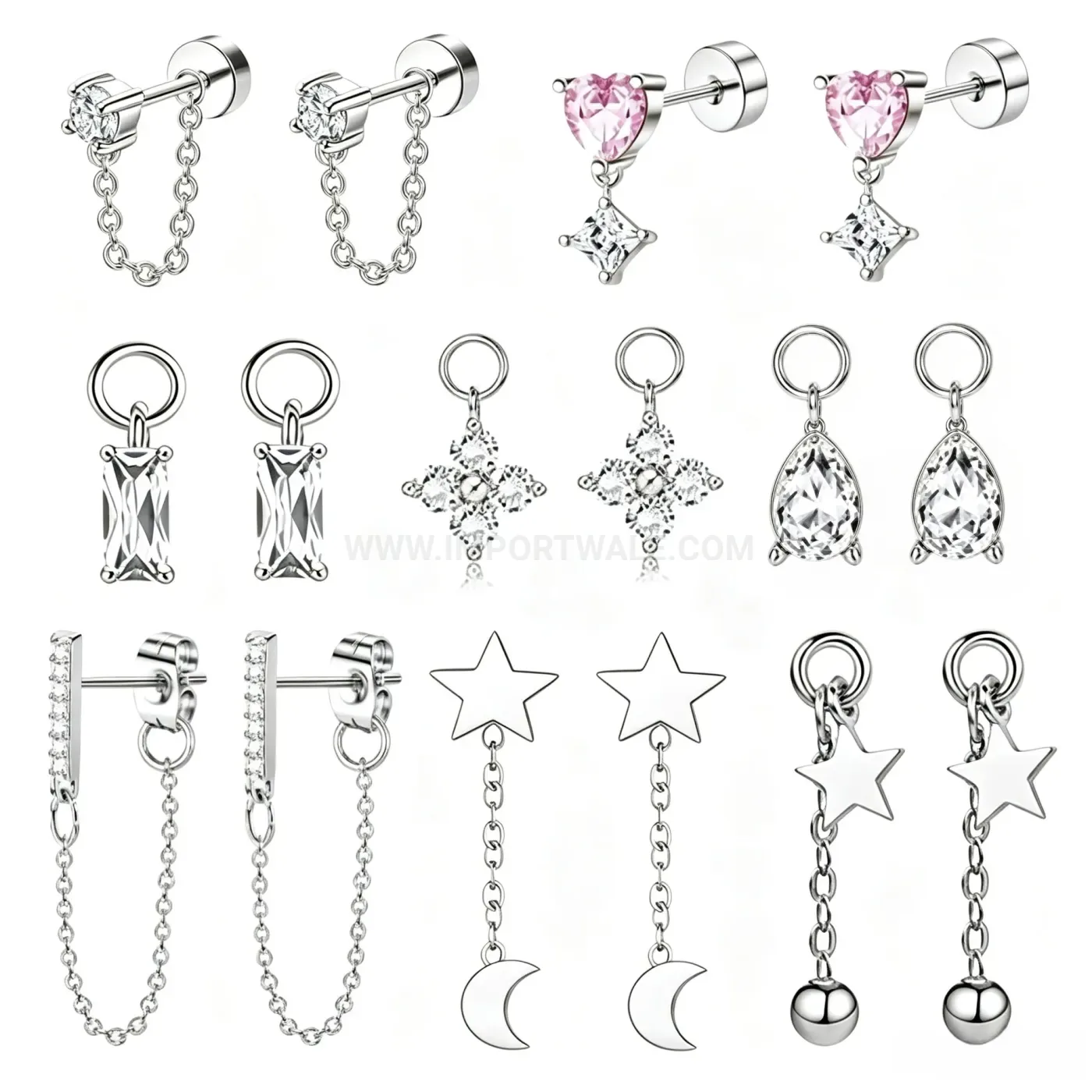 Modern Delicate Stainless Steel Long Chain Dangle Cartilage Piercing Studs