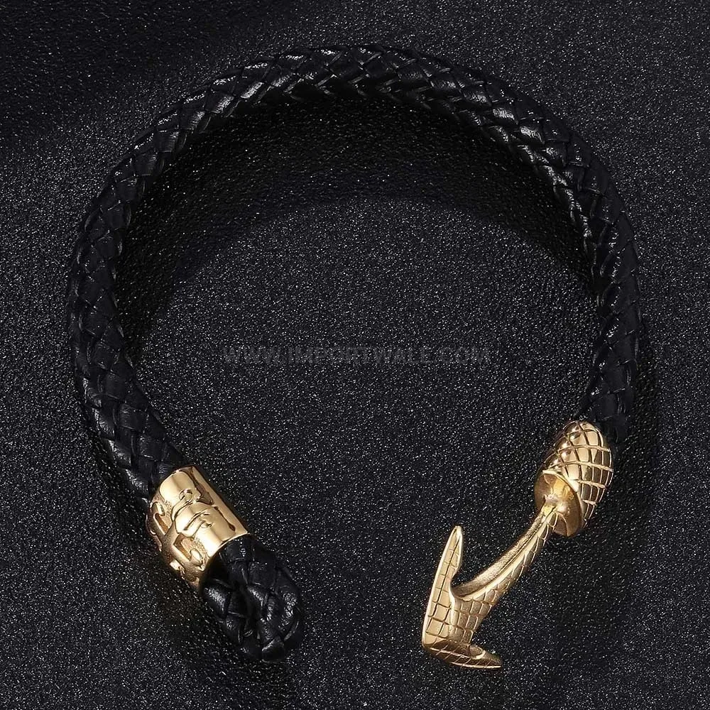 Braided Leather Wristband with Stainless Steel Anchor Clasp