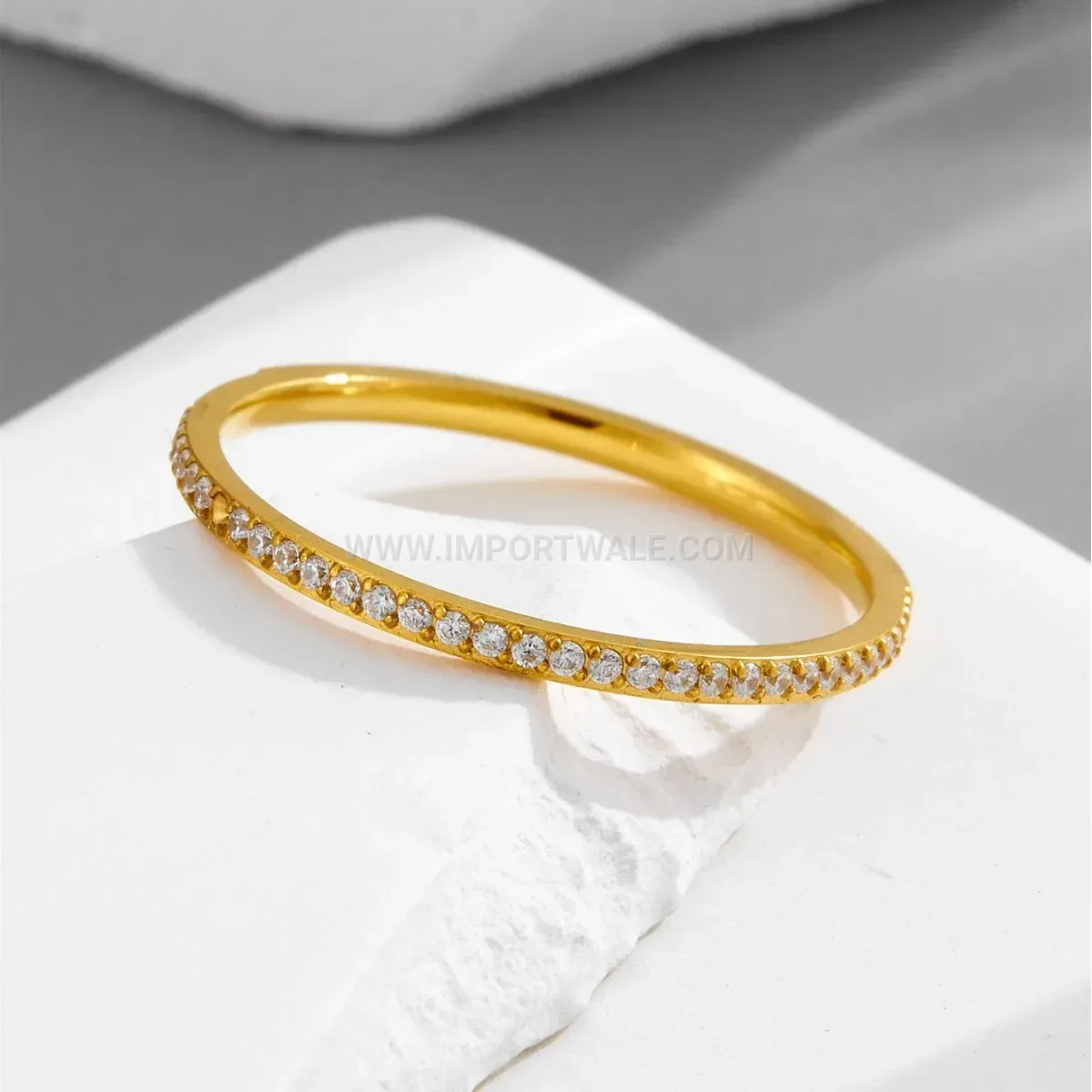 Gold Titanium Steel Half Eternity Rhinestone Pave Band Ring
