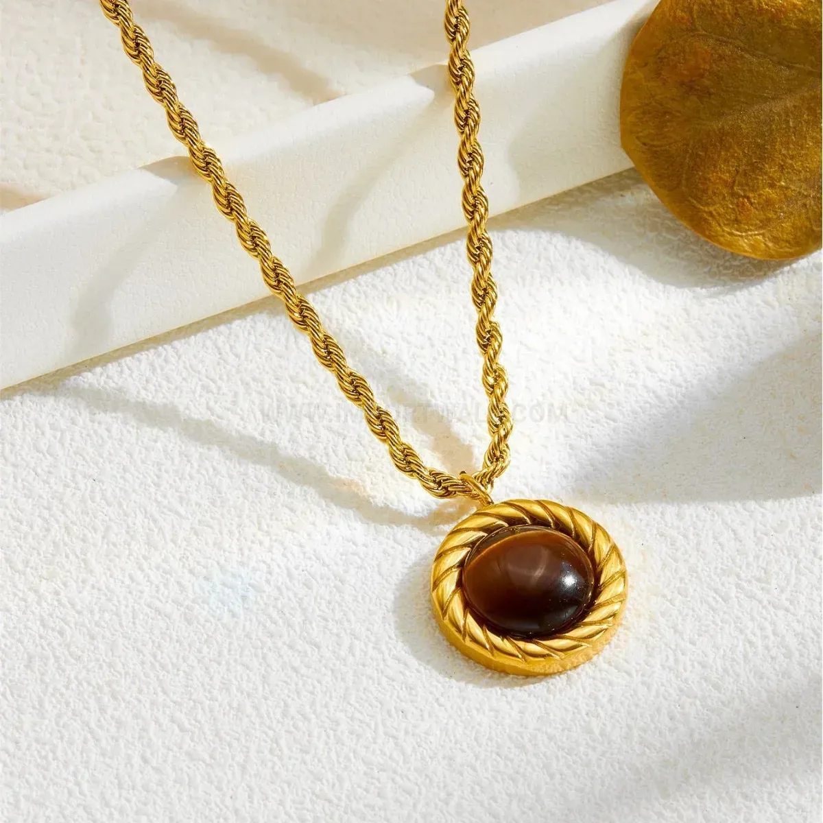 Designer Natural Tiger Eye Twist Titanium Steel Pendant Necklace Set