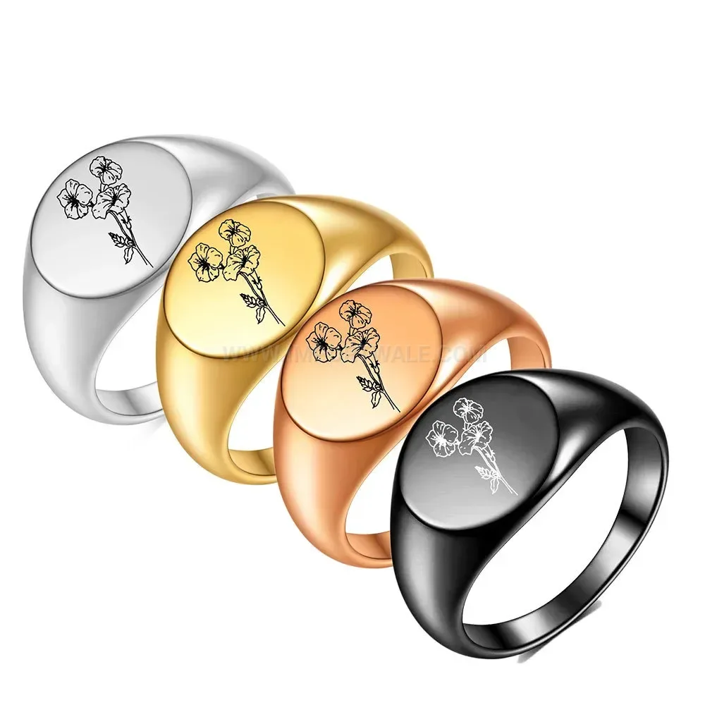 Premium Engraved Floral Motif Stainless Steel Signet Ring