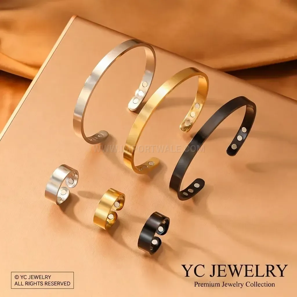 Vintage Minimalist Stainless Steel Magnetic Therapy Cuff Bracelet And Ring