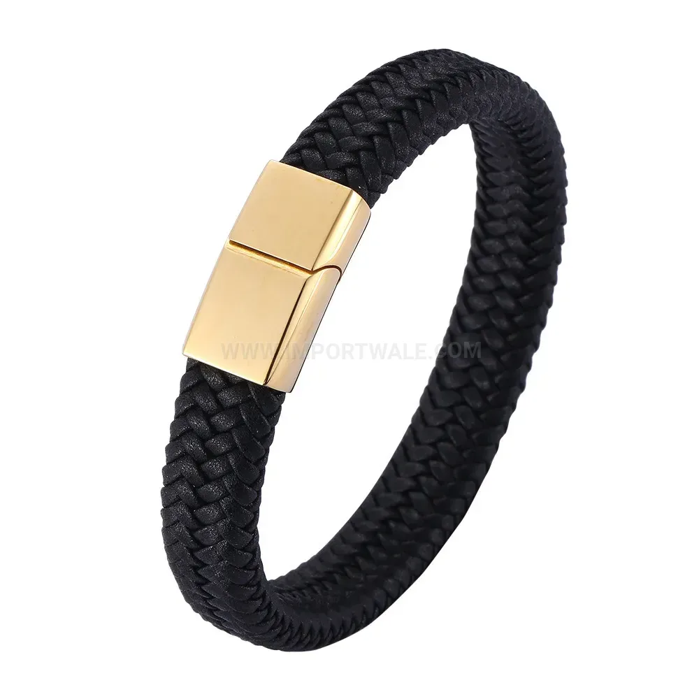 Woven Leatherette Cuff Bracelet with Gold-Tone Steel Hardware