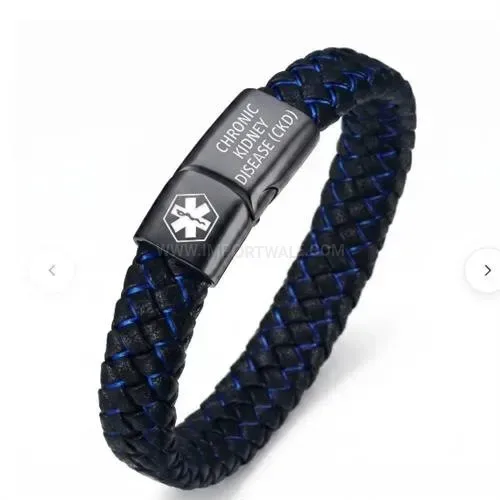 Bold Medical Alert Blue Leather Bracelet with Stainless Steel Magnetic Clasp