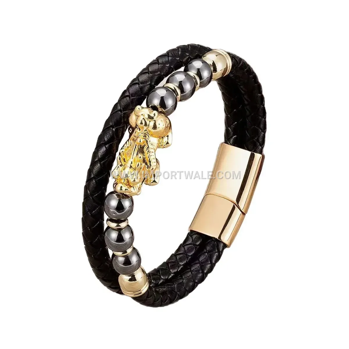 Braided Leather and Natural Stone Pixiu Charm Magnetic Bracelet