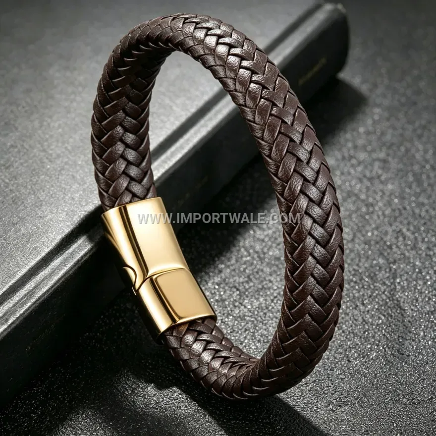 Men's Two-Tone Braided Leather Bracelet with Stainless Steel Magnetic Clasp