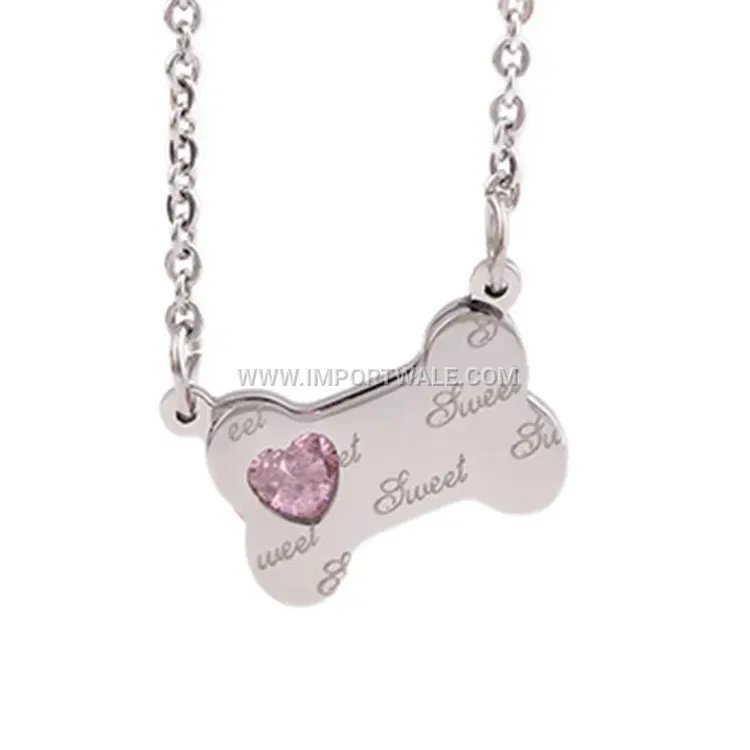 Rhinestone Dog Bone Pendant Stainless Steel Rose Gold Necklace