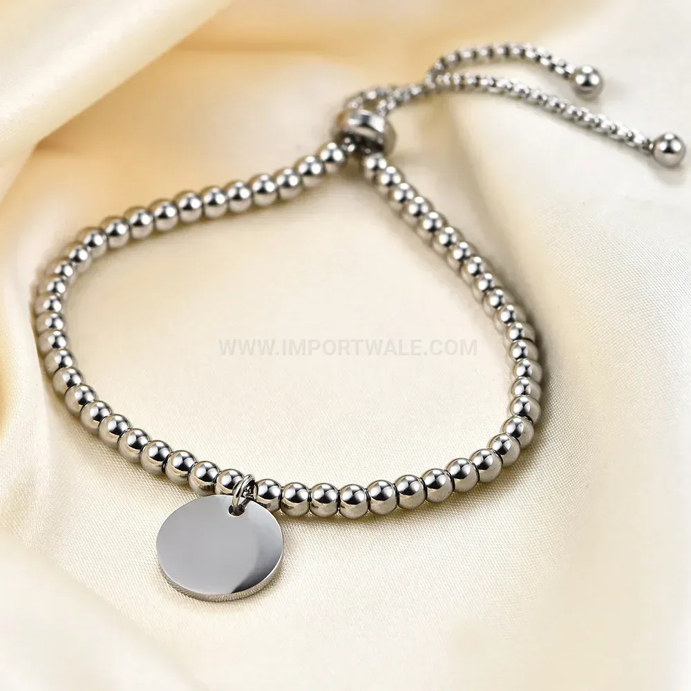 Classic Adjustable Stainless Steel Beaded Chain Bracelet with Engraved Disc
