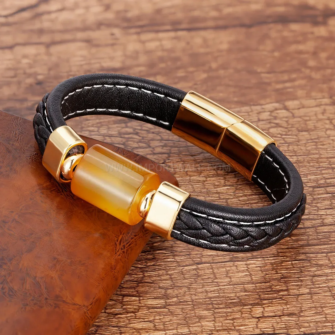 Natural Stone Braided Leather Cord Bracelet With Stainless Steel Magnetic Clasp