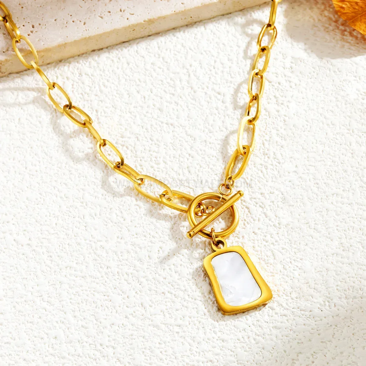 Modern White Shell Square Tag Zircon Pendant Titanium Steel Necklace
