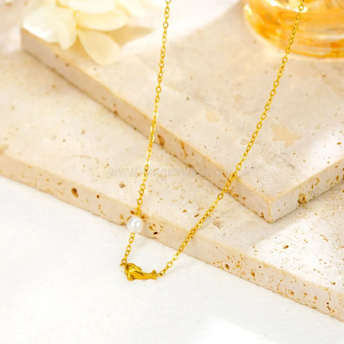 Gold Titanium Steel Dolphin Pendant Cable Chain Necklace