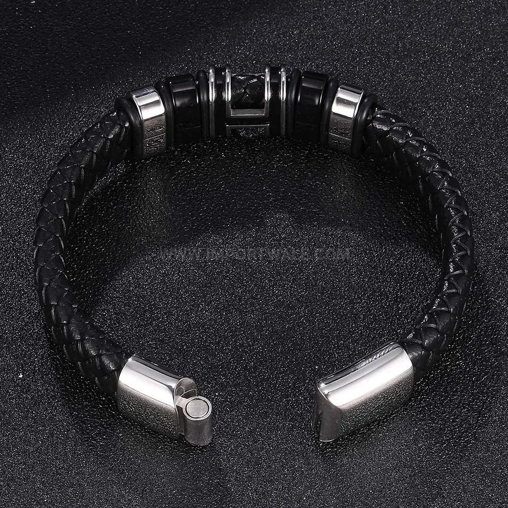 Bold Braided Leather Wristband with Stainless Steel Magnetic Clasp