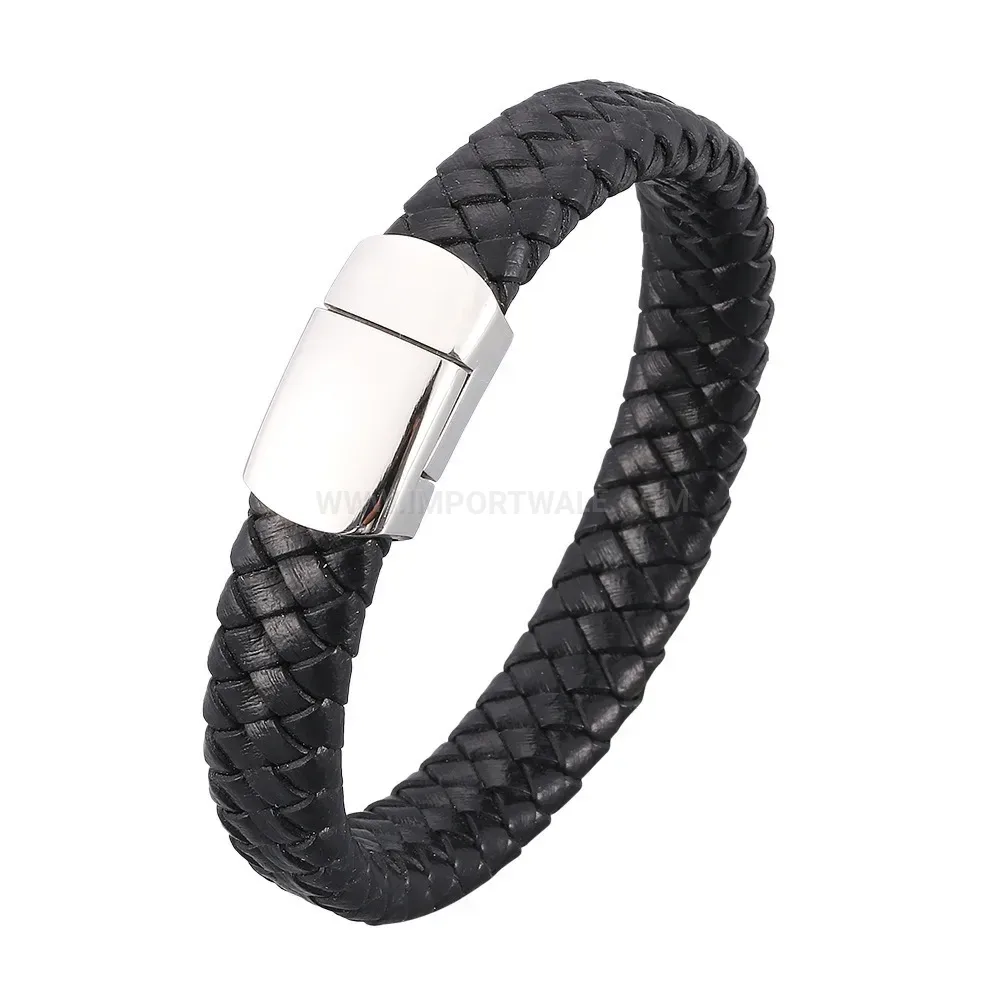 Double Layer Braided Leather Stainless Steel Clasp Bracelet