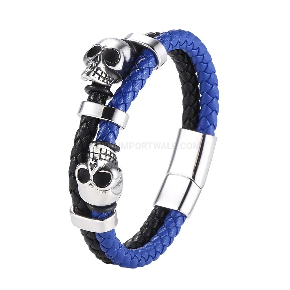Fashion Dual-Tone Leather Skull Bracelet with Stainless Steel Magnetic Clasp