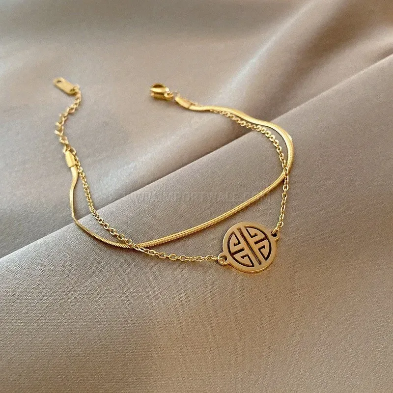 Gold Vacuum Plated Stainless Steel Layered Pendant Bracelet