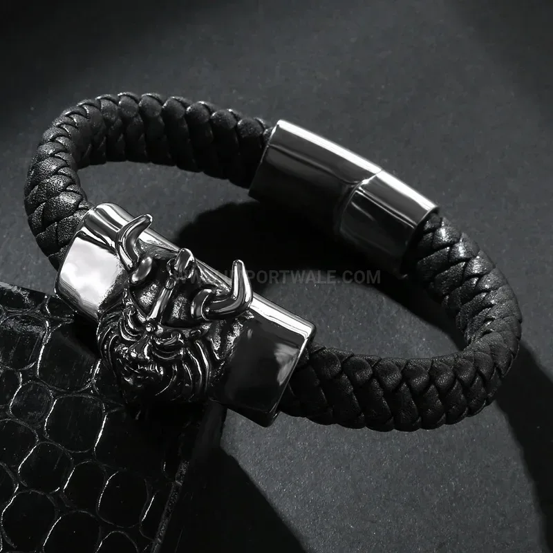 Premium Multicolor Leather Stainless Steel Bull Head Men Bracelet