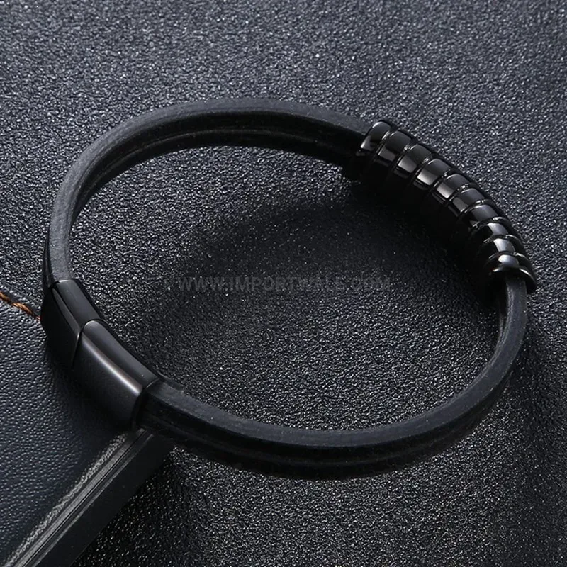 Minimalist Black Leather Bracelet with Stainless Steel Magnetic Clasp