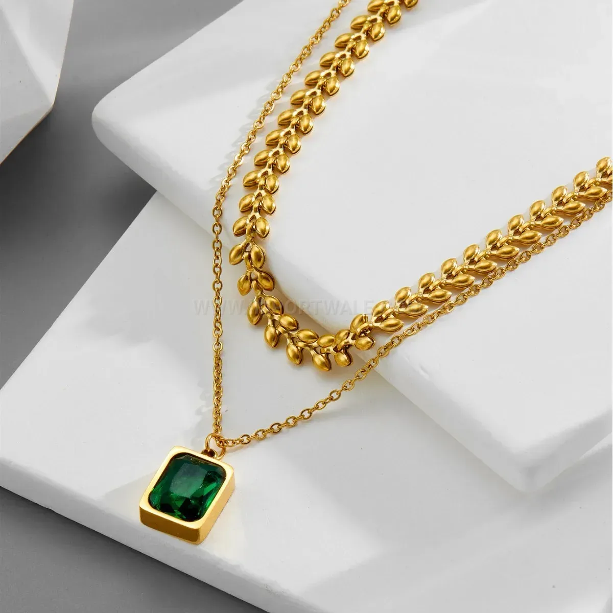 Trendy Layered Titanium Steel Emerald Zircon Pendant Necklace