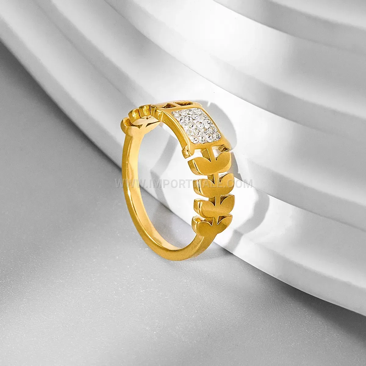 18K Gold Plated Stainless Steel Wheat Spike Zircon Ring