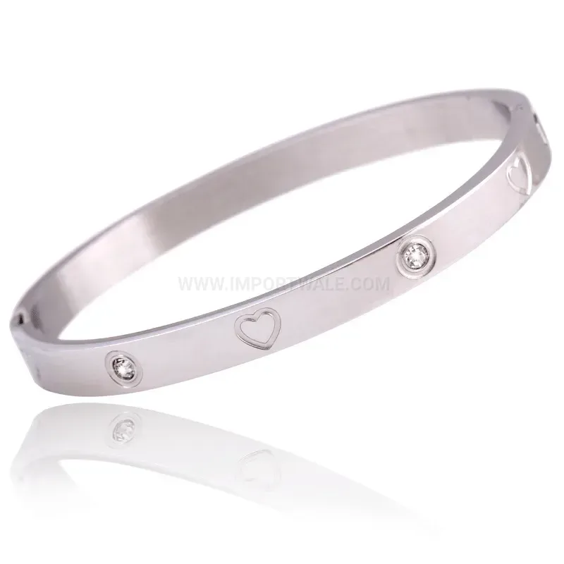 Bold Heart Rhinestone Inlaid Stainless Steel Bangle