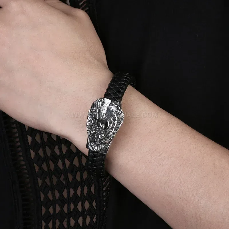 Trendy Beast King Stainless Steel and Leather Men Wristband Bracelet