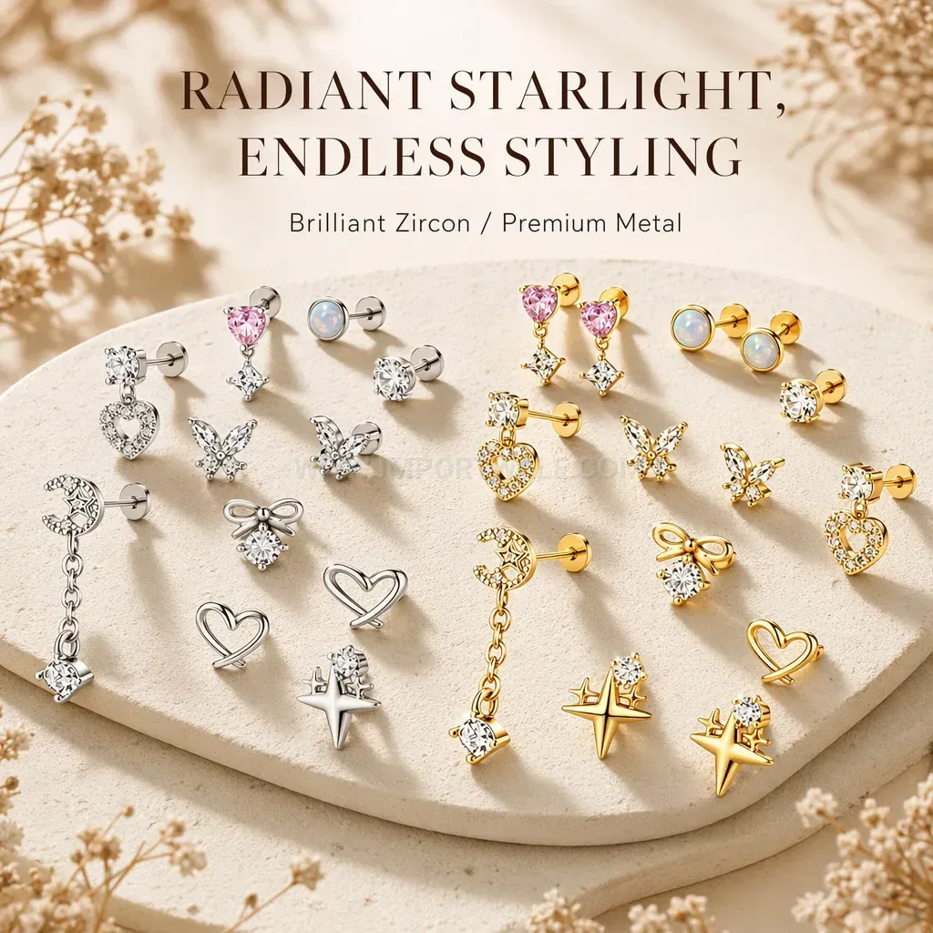 Stylish Stainless Steel Tassel Chain Dangle Cartilage Piercing Stud Earring Set