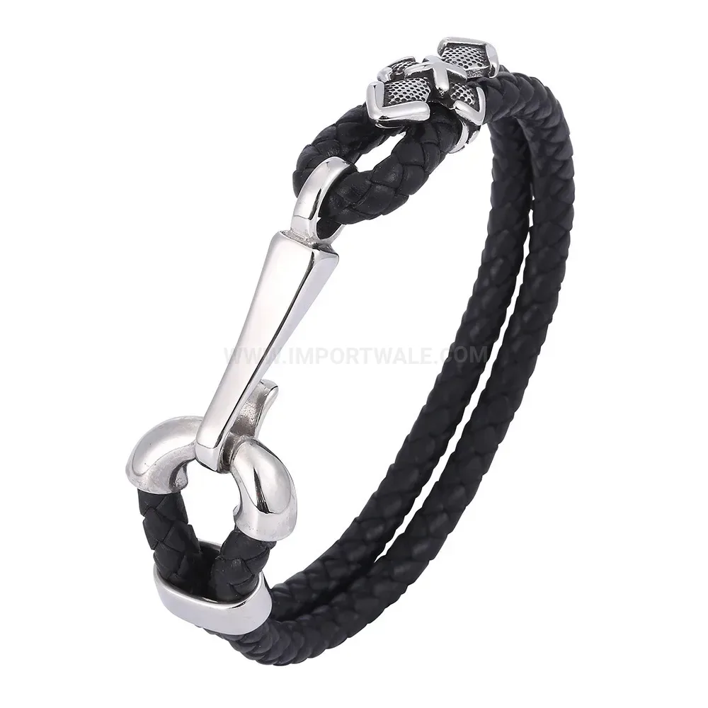 Nautical Fish Hook Woven Leather Bracelet with Stainless Steel Hardware
