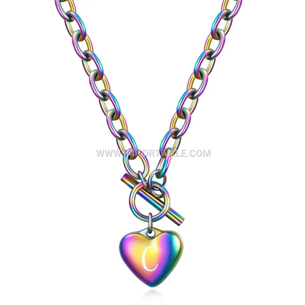 Stainless Steel Heart Initial Pendant Toggle Chain Necklace