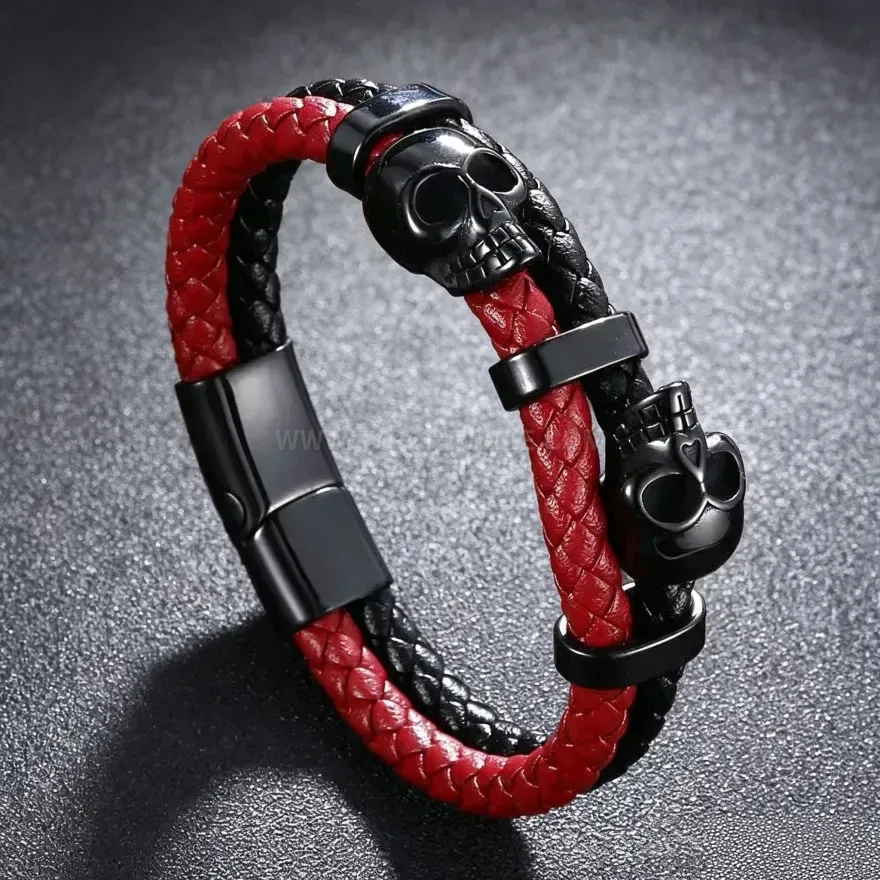 Chic Double Strand Braided Leather Skull Bracelet with Magnetic Clasp