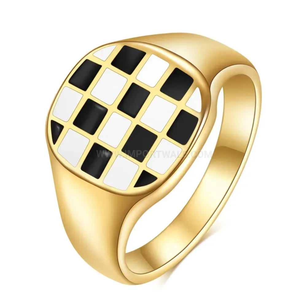Wide Square Checkerboard Enamel Stainless Steel Ring