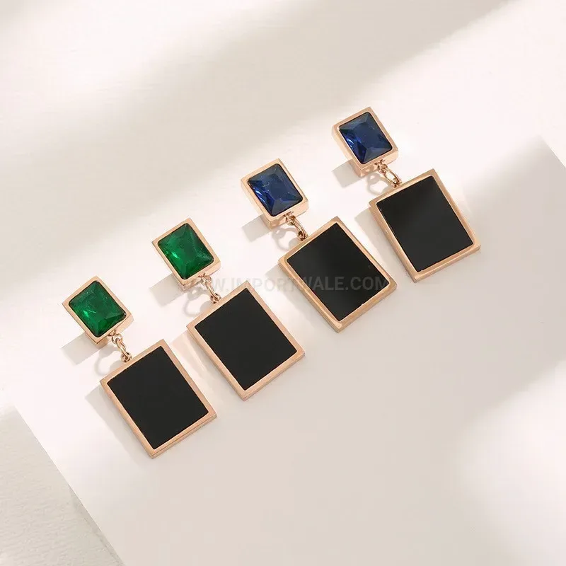 Geometric Titanium Steel Square Tag Drop Stud Earrings
