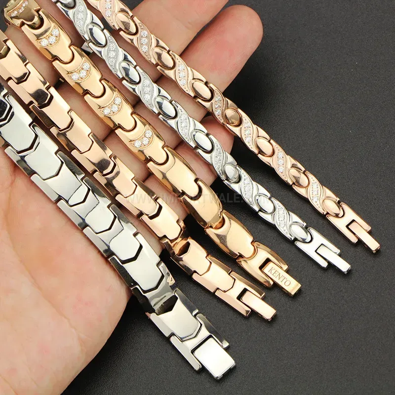 Designer Rhinestone Accent Titanium Steel Bio Magnetic Bracelet