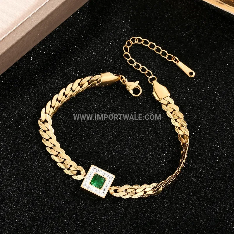 Vintage Emerald Zircon Micro Pave Stainless Steel Anklet