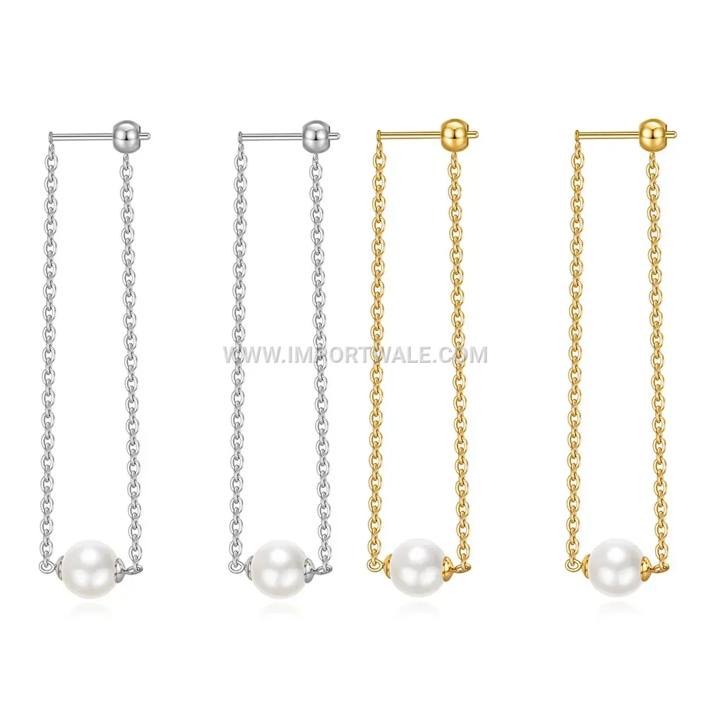 Minimalist Stainless Steel Long Chain Tassel Earrings with Pearl Accent
