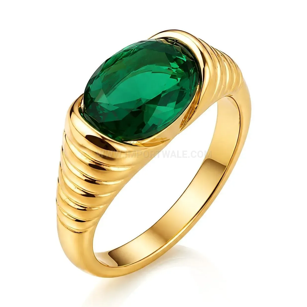 Stylish Striped Stainless Steel Ring Set with Green Gemstone Accent