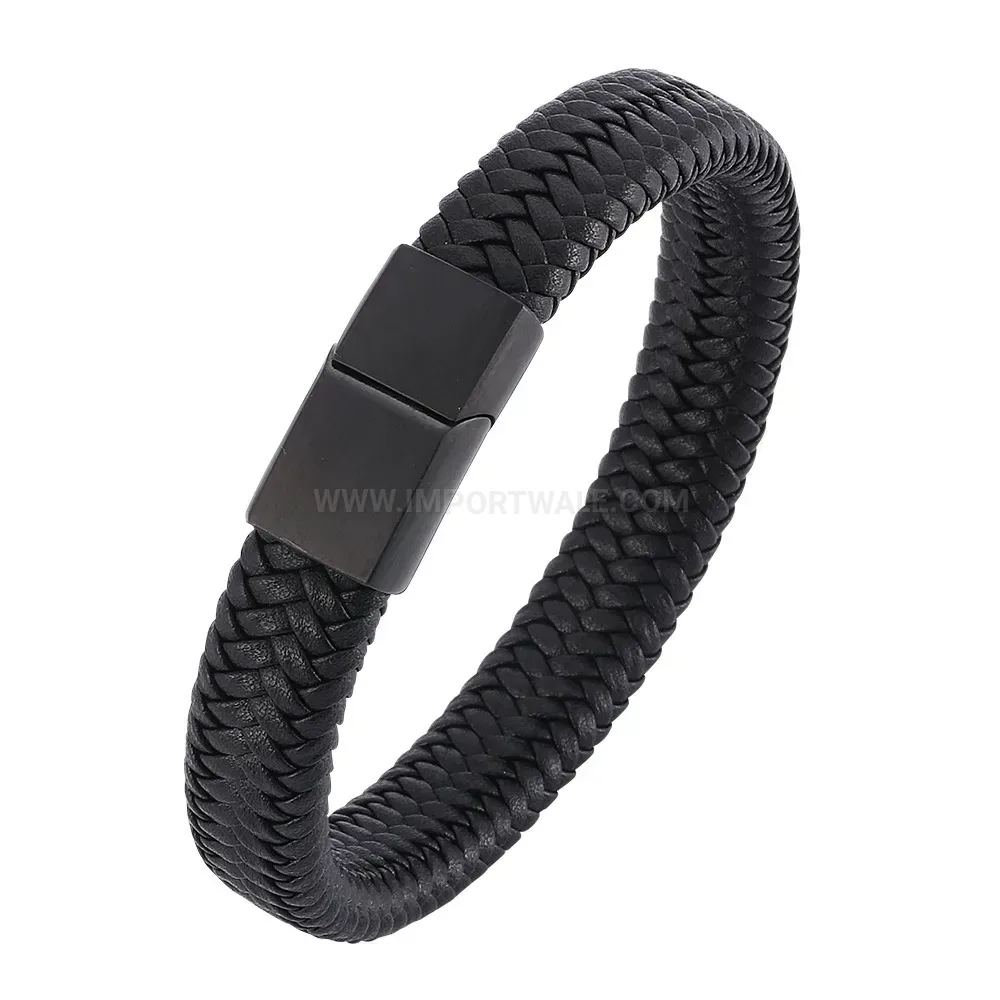 Vintage Woven Leather Bracelet with Stainless Steel Magnetic Clasp