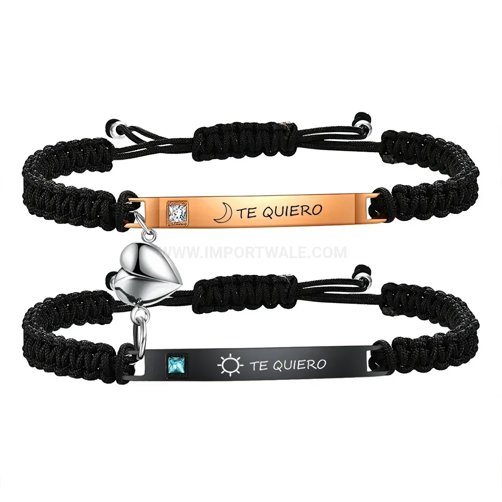 Engraved Stainless Steel Black Braided Magnetic Couples Bracelet Set