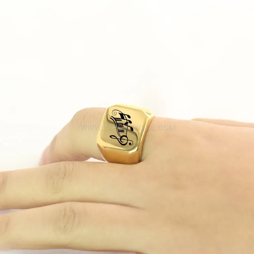 Elegant Engraved Musical Note Square Stainless Steel Signet Ring